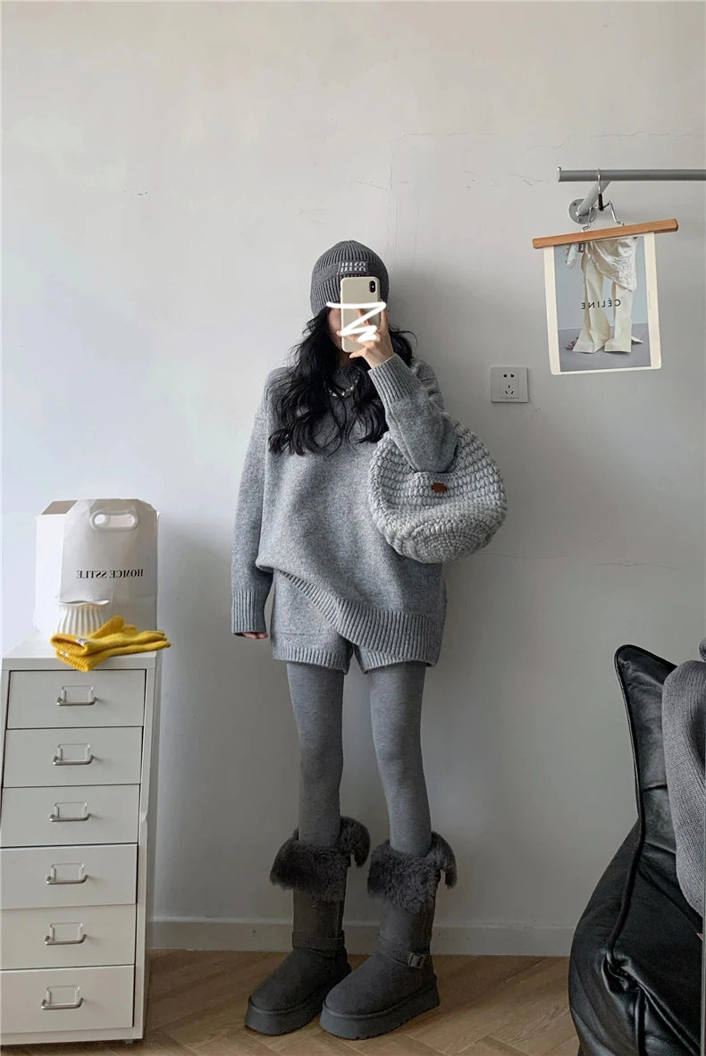 Women Oversized Grey Knit Co-ord Set Autumn Winter Soft Loungewear Minimalist Relaxed Fit Sweater & Shorts 2PCS Outfit Suit