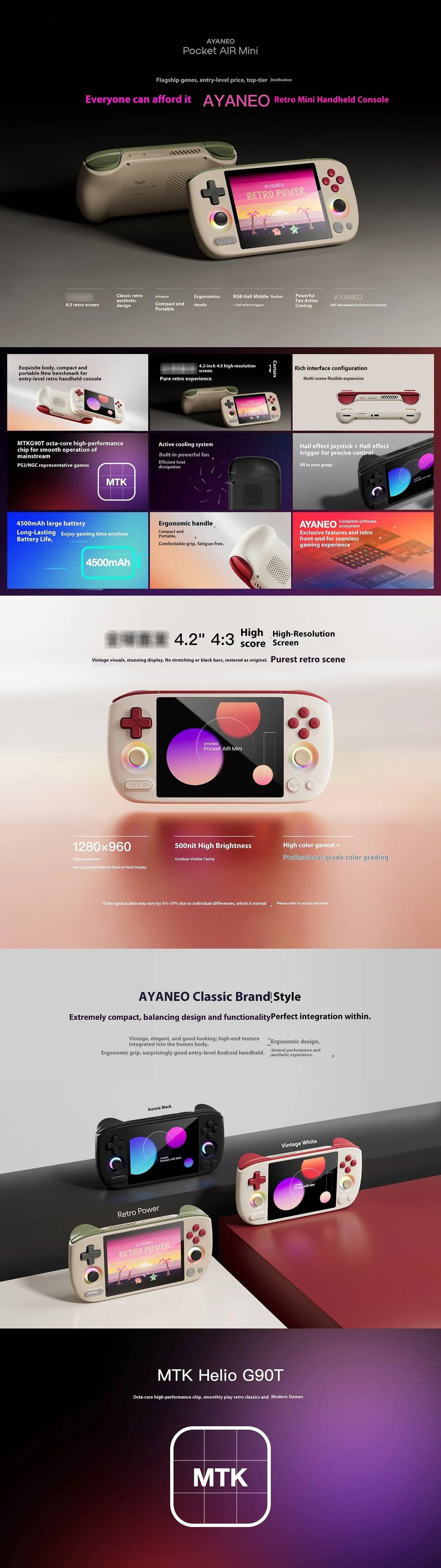 AYANEO Pocket AIR Mini Gaming Console 4.2 Inch 1280*960 LCD Screen Android Handheld Gaming Consoles MTK Helio G90T Hall Joystick