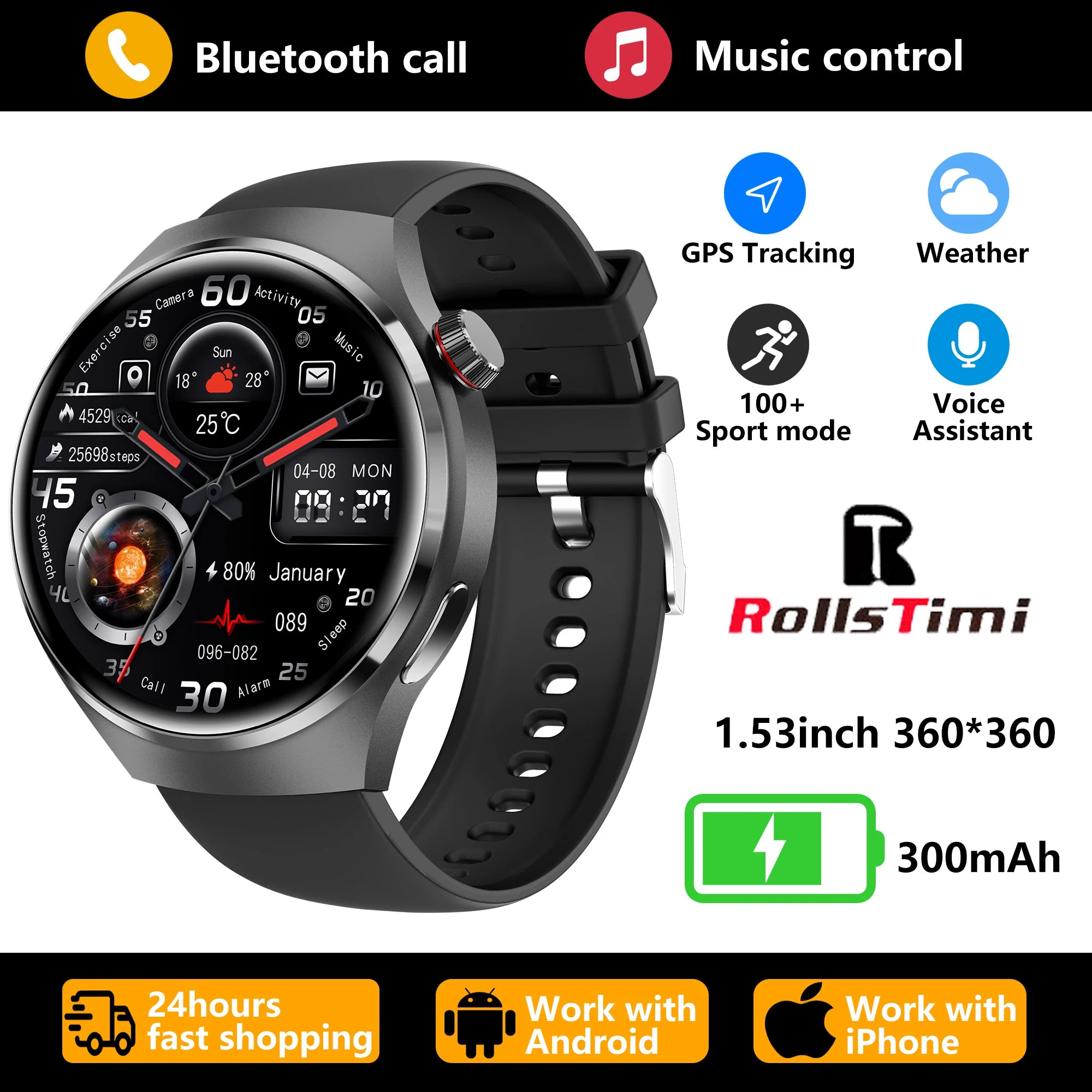 2026 Smart Watch HD Bluetooth Calls GPS Exercise Tracking Health Monitor 100+ Modes Voice Assistant