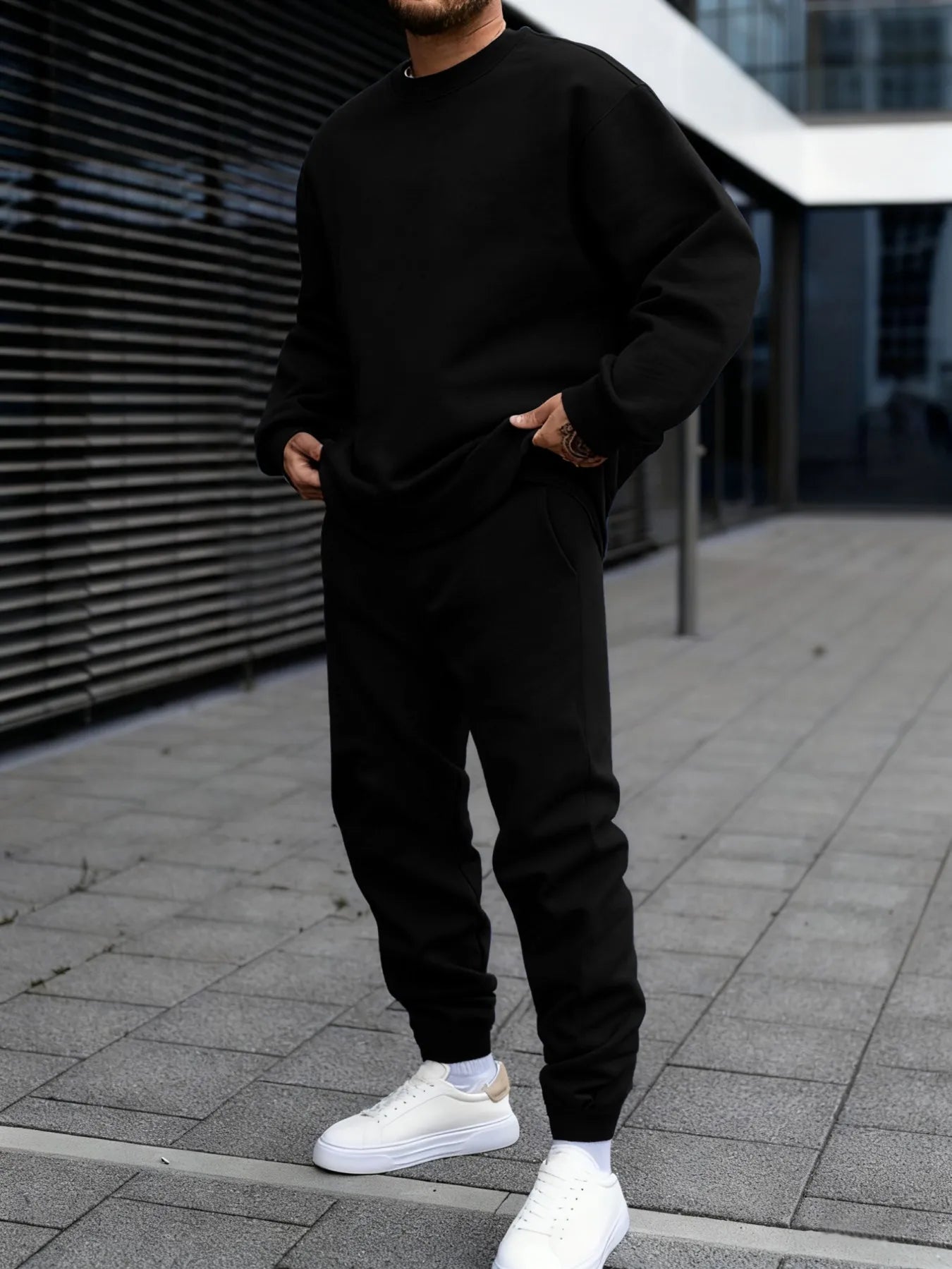 Autumn Man Sweatshirt Set Fleece Casual Solid Color Two-piece set Fashion Crewneck Sweatshirts Street Soft Sweatpants