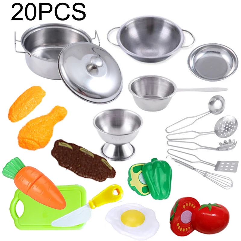 Kitchen Pretend Play Accessories Toys with Stainless Steel Cookware Pots and Pans Set,Cooking Utensils, Gifts Learning Tool
