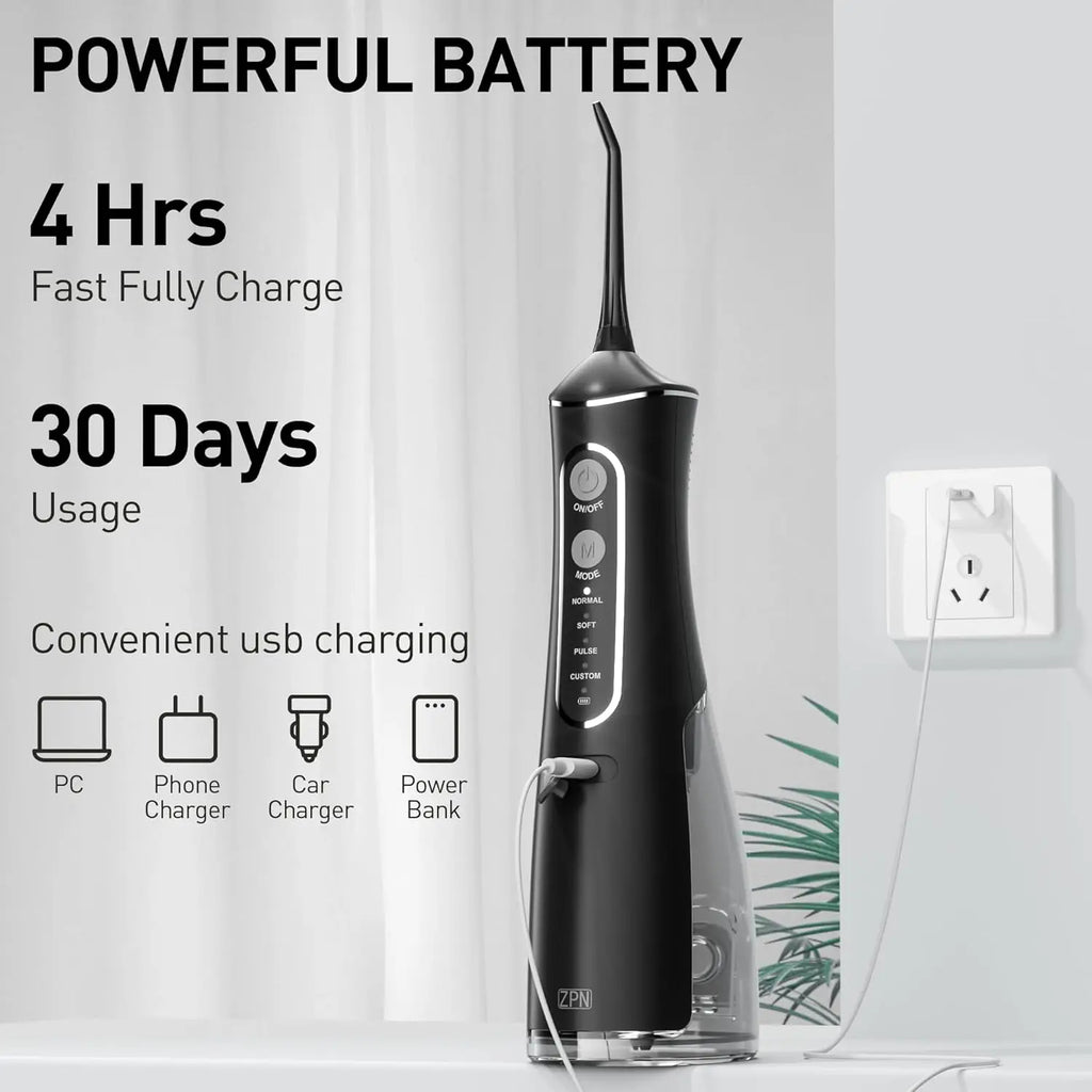 Oral irrigator, portable dental water flosser, USB rechargeable water jet flosser, toothpick with 4 modes and 5 nozzles