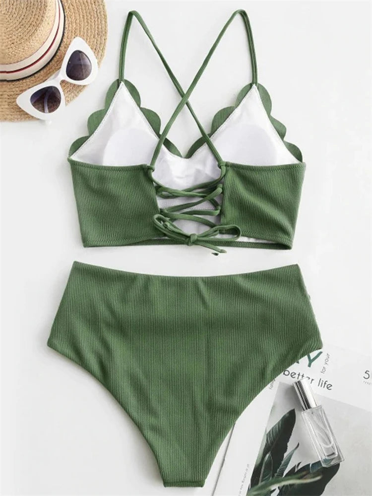 Bikini Women Swimsuit 2026 New Solid Ribbed Sling Bikinis Set Sexy High Waist Swimwear Summer 2 Piece Beach Bathing Suit Female
