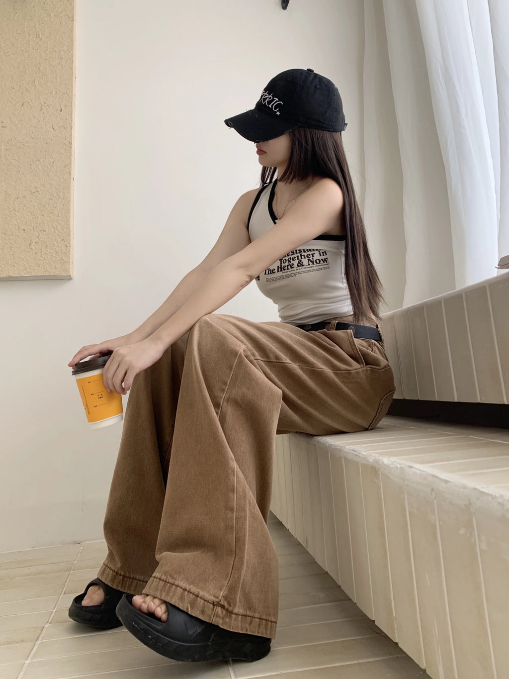 New Solid Color Slim Belt Women Jeans Simple Basic Dark Brown Straight Pants Chicly Fashion Street Casual Loose Woman Jeans