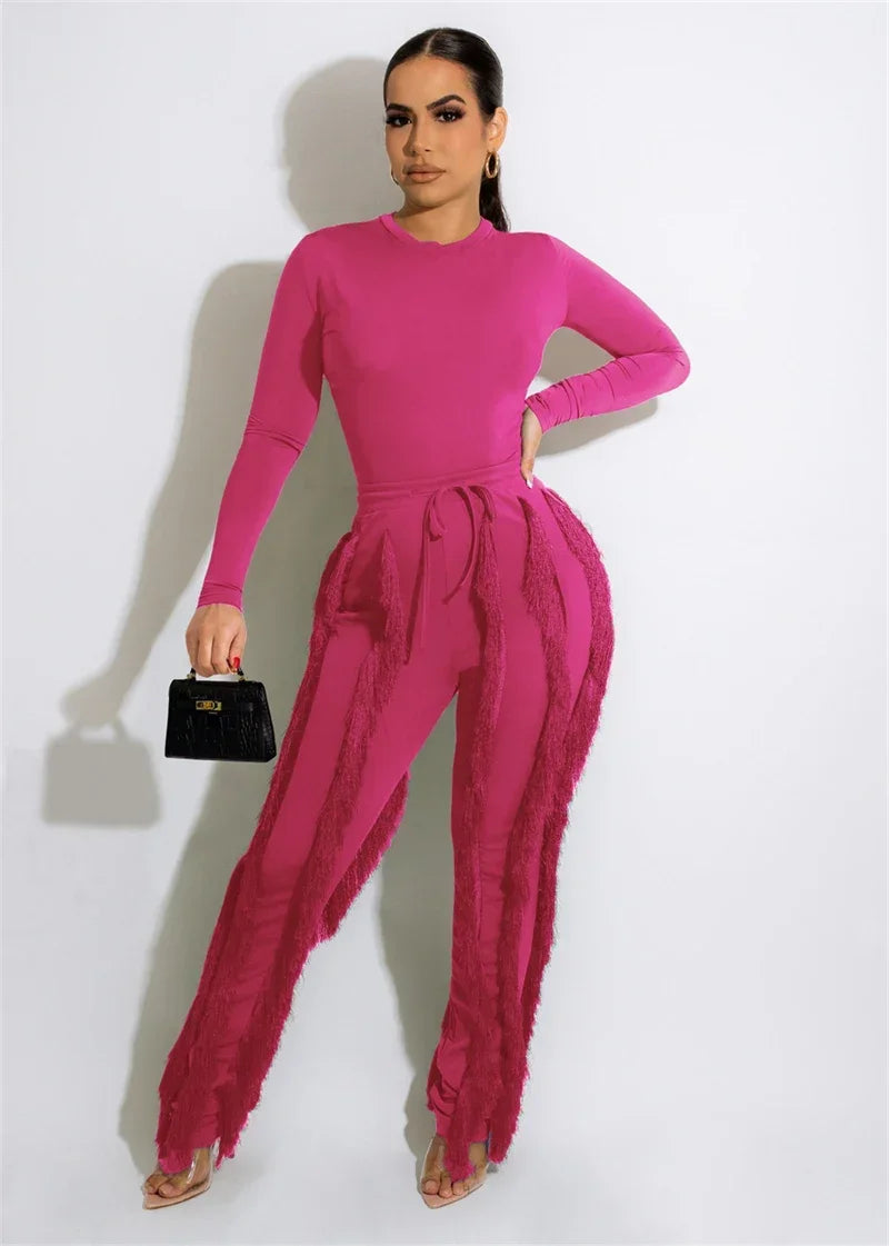 Elegant 2 Piece Sets Women Outfit 2025 Fall Winter Long Sleeve Bodysuit Top and Tassel Pants Matching Sets Ensembles Pantalons