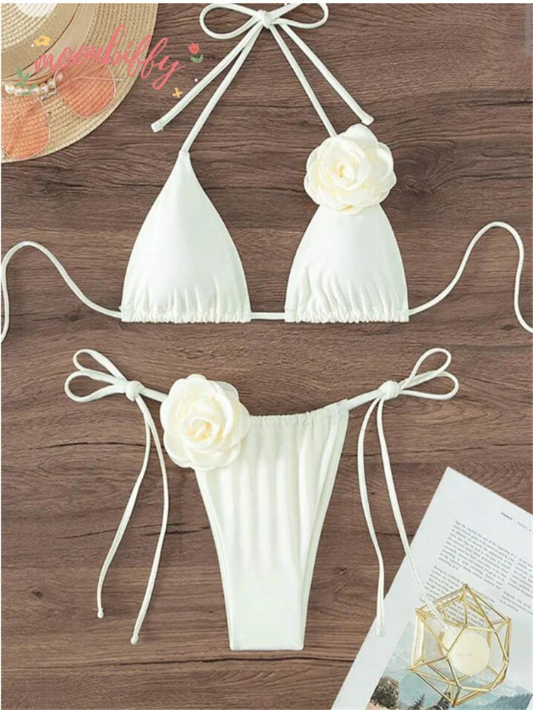 Sexy Bikini Set Women Swimsuit Black White 3D Floral Print Micro Bikinis Brazilian Cutout Beach Bathing Suit Thong Swimwear