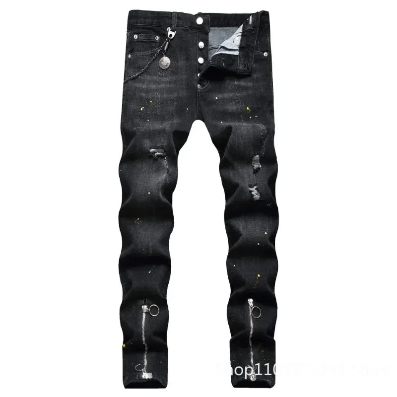 Men Black Ripped Denim Jeans Italian High Street Style Holes Jeans Denim Pants High Quality Male Slim Fit Denim Trousers Size 38