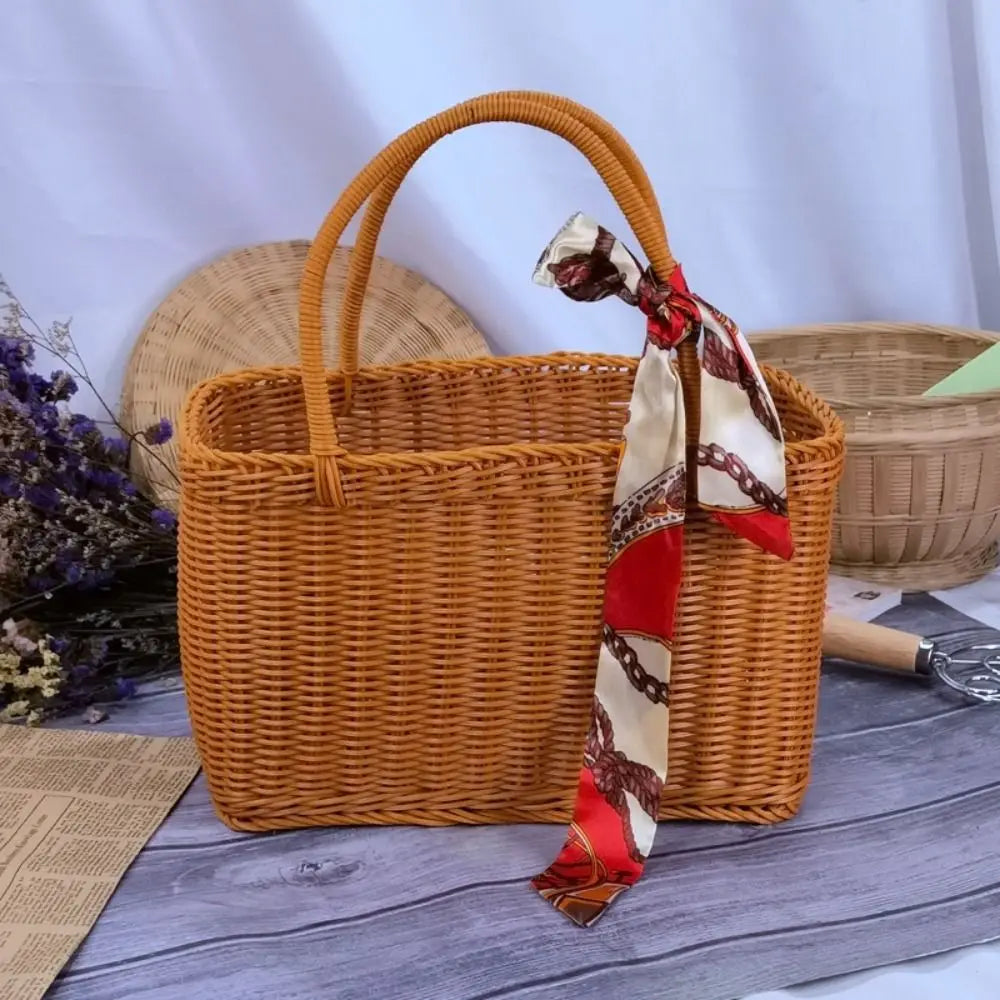 Home Storage Organizer Rattan Woven Basket With Handle Rectangular Picnic Basket Handwoven Portable Flower Basket Fruit