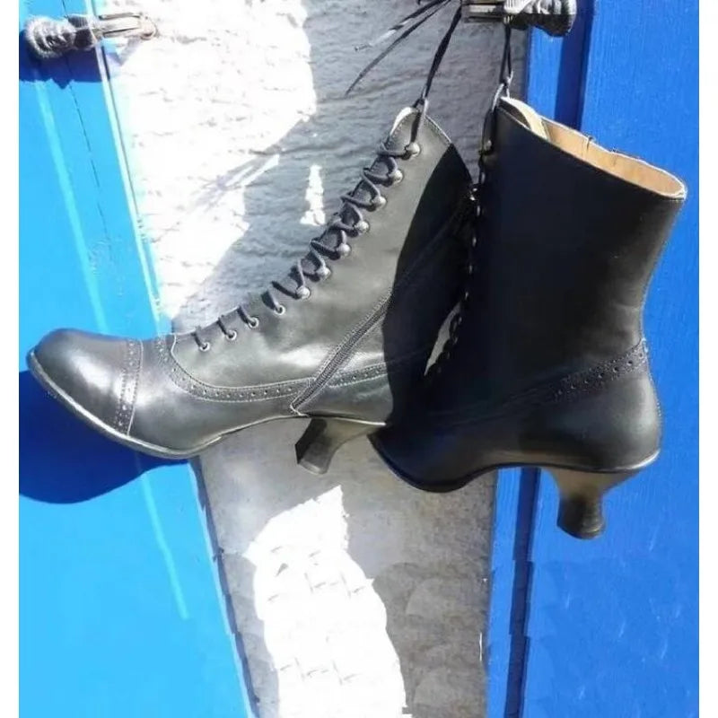 New Women Short Boot PU Leather Bikerboots High Heel Pointed Toe Boots Women's Victorian Boots Retro Botas