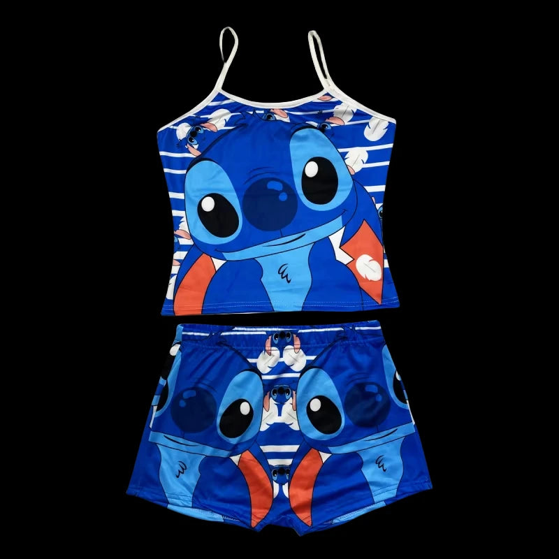 2Pcs Disney Stitch T-Shirt Short-Sleeved Set Summer Cartoon New Kawaii Yoga Suit Sports Shorts Sexy Suspender Pajamas Homewear
