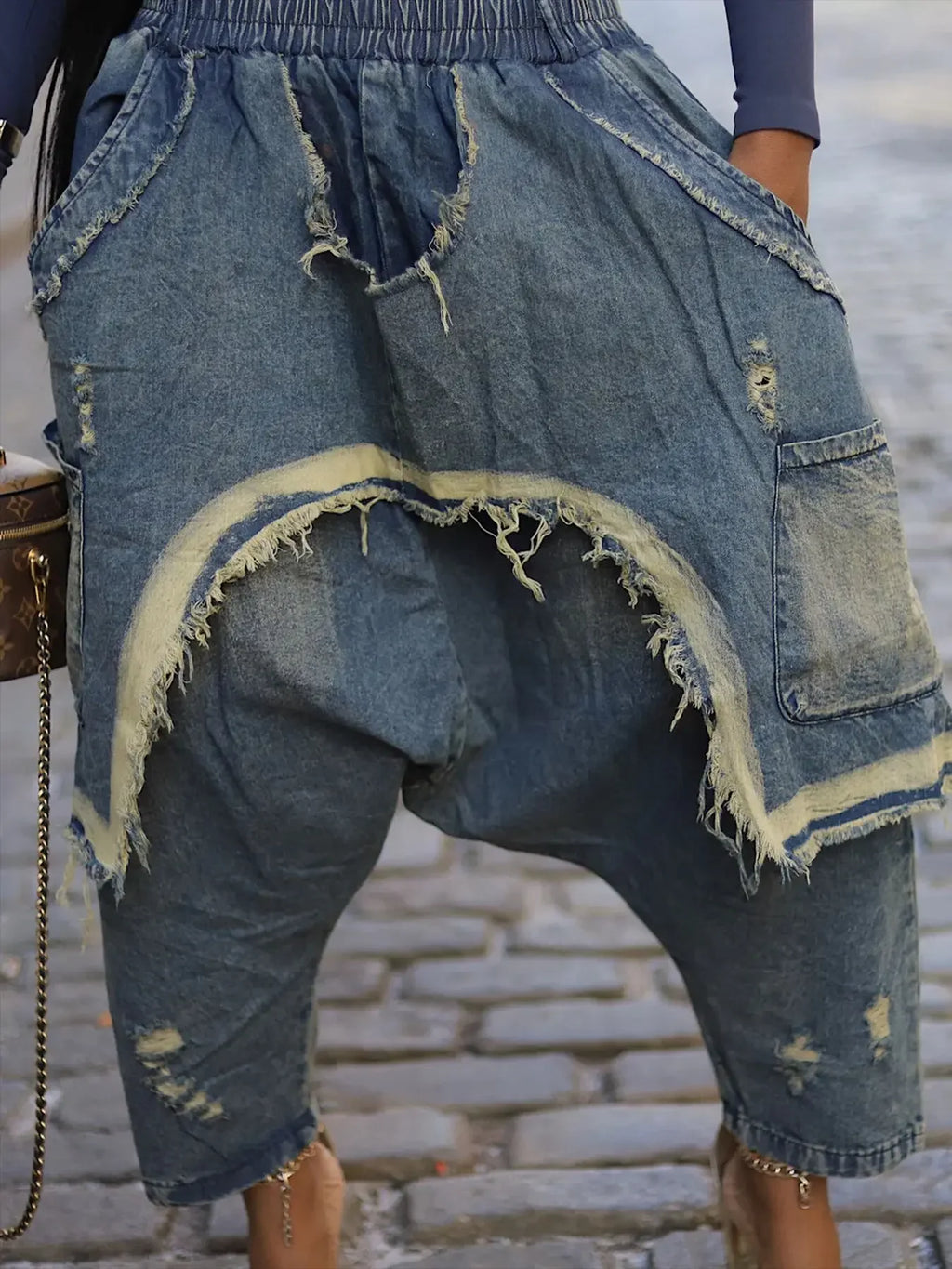 Women Jeans Harem Pants Hip Hop Punk Denim Pant Hole Elastic Waist Washed Distressed Pockets Streetwear 2025 Ripped Trousers