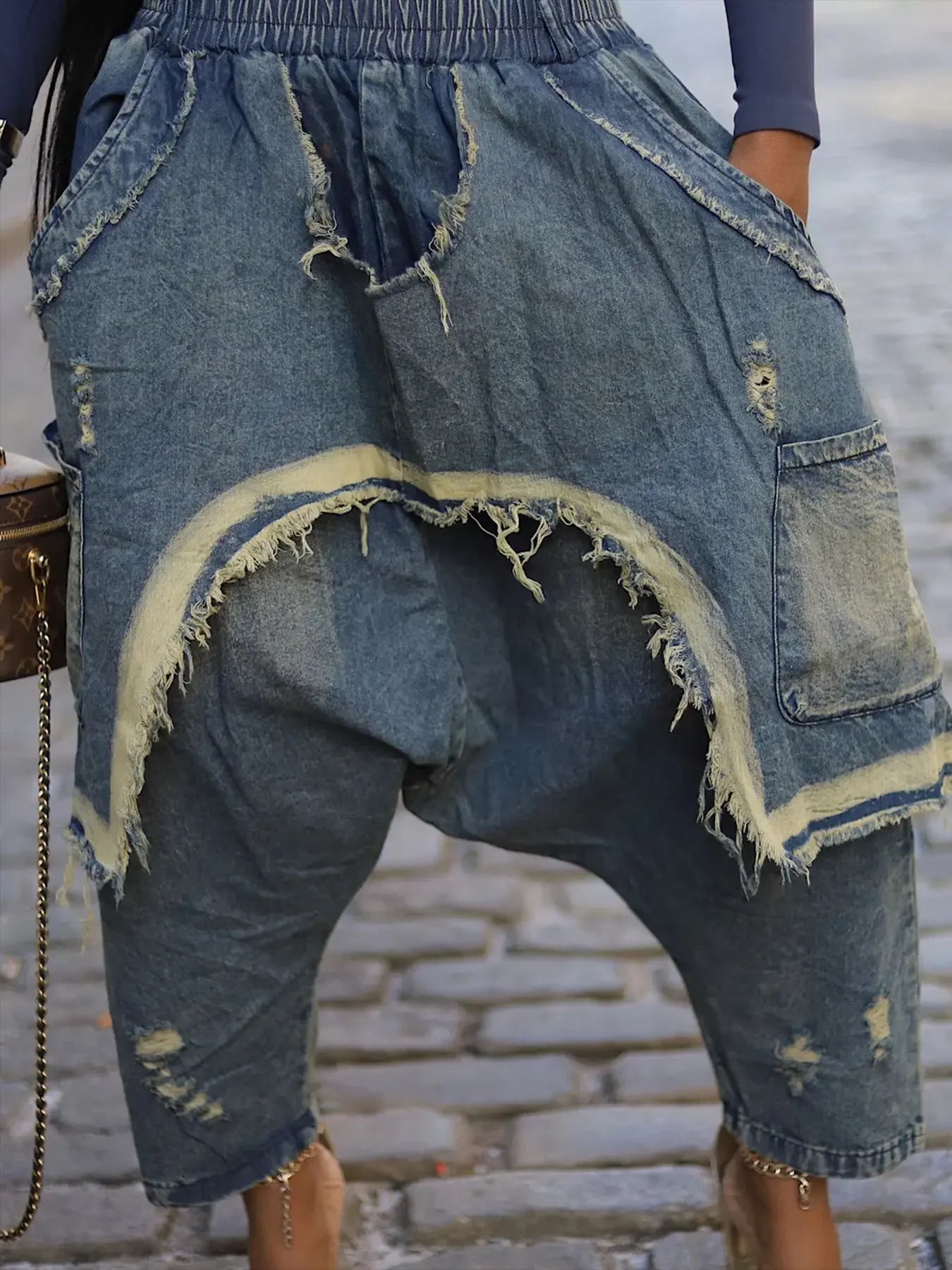 Women Jeans Harem Pants Hip Hop Punk Denim Pant Hole Elastic Waist Washed Distressed Pockets Streetwear 2025 Ripped Trousers