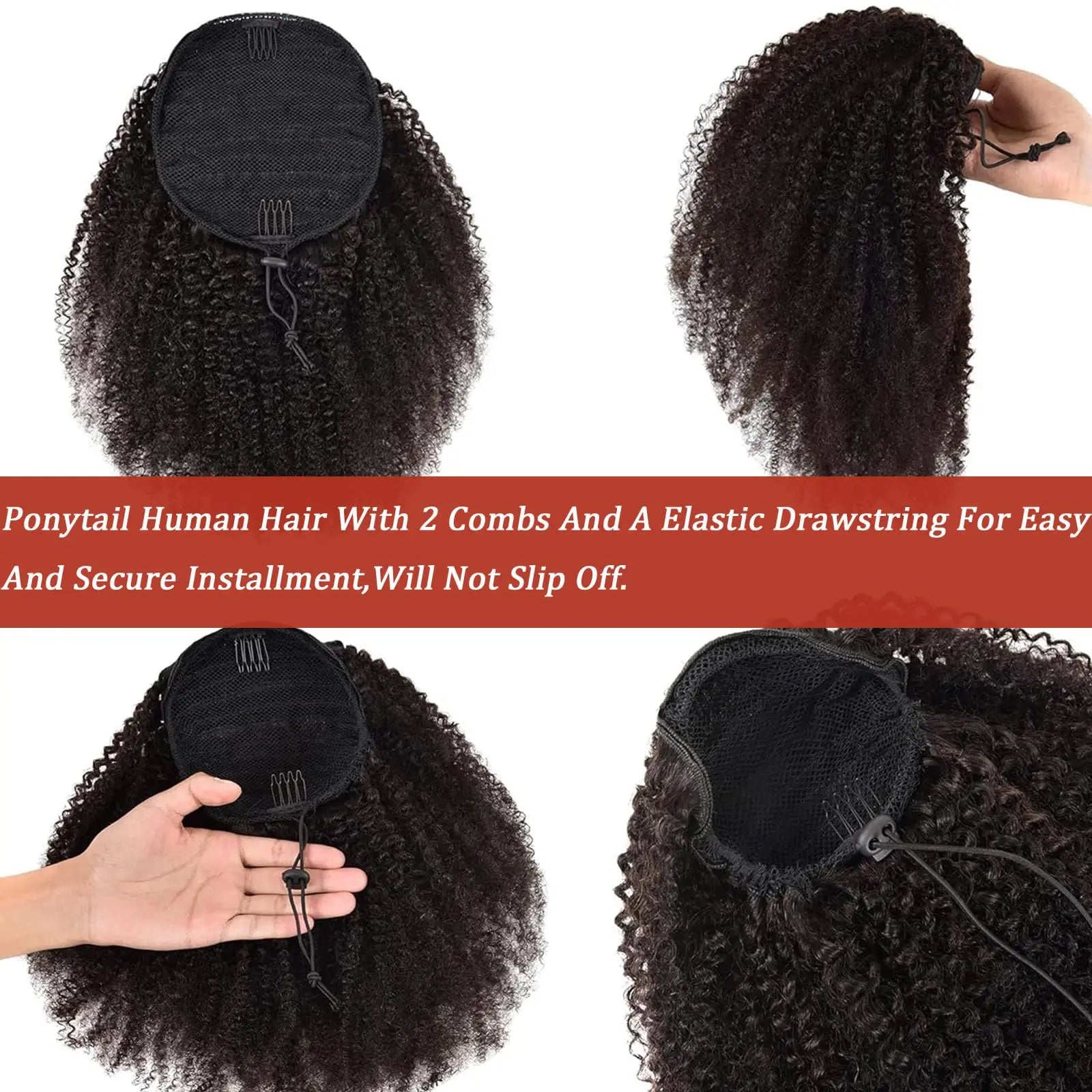 Pony Tail Hair Extensions Kinky Curly Ponytail Extension Drawstring Human Hair Clip in for Black Women Curly Wave Thick Hair #1B