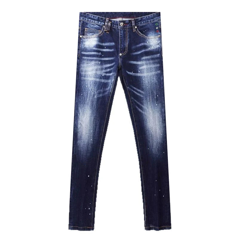 Designer Fashion Men Jeans High Quality Retro Blue Stretch Slim Fit Painted Ripped Jeans Men Brand Vintage Denim Pants Hombre