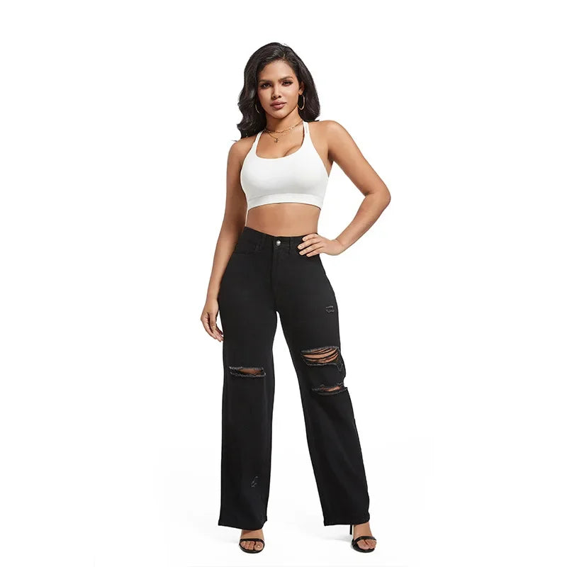Women'S Ripped Boyfriend Jeans Draping Straight Leg Jeans Korea Ladies Stretch Hole Denim Trousers Button Pocket High Waist Pant