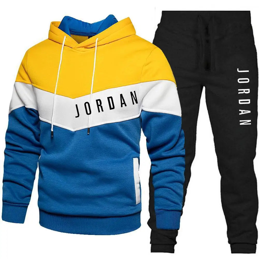 New autumn and winter patchwork hooded sweatshirt set for men, fleece sweatshirt + casual pants fitness two-piece set