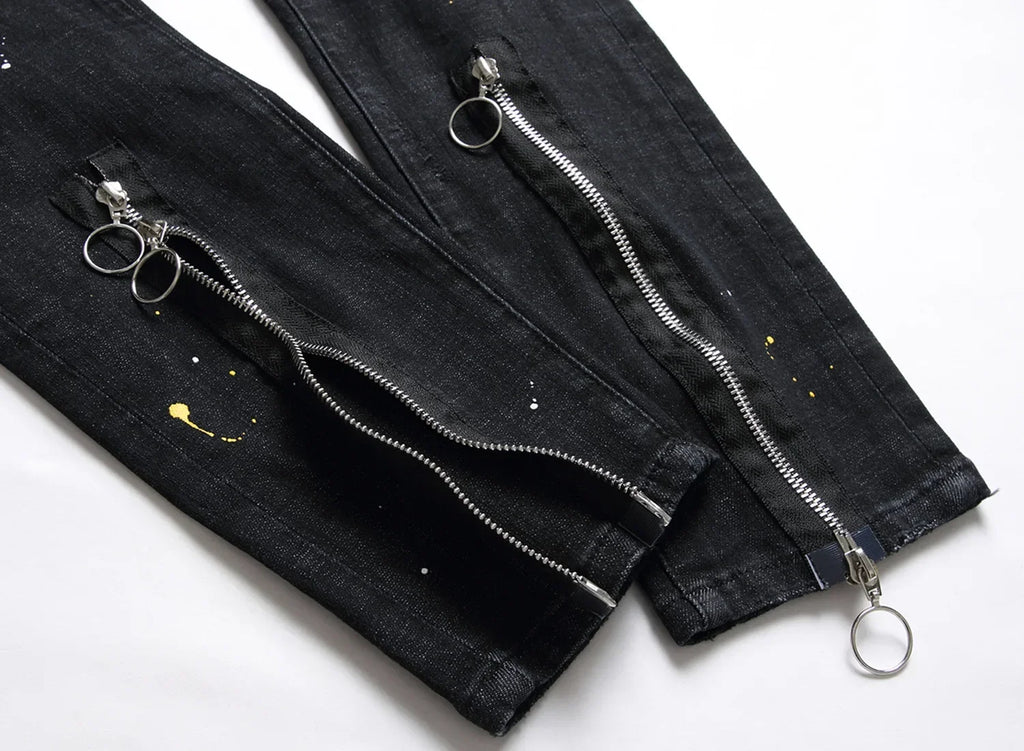 Men Black Ripped Denim Jeans Italian High Street Style Holes Jeans Denim Pants High Quality Male Slim Fit Denim Trousers Size 38