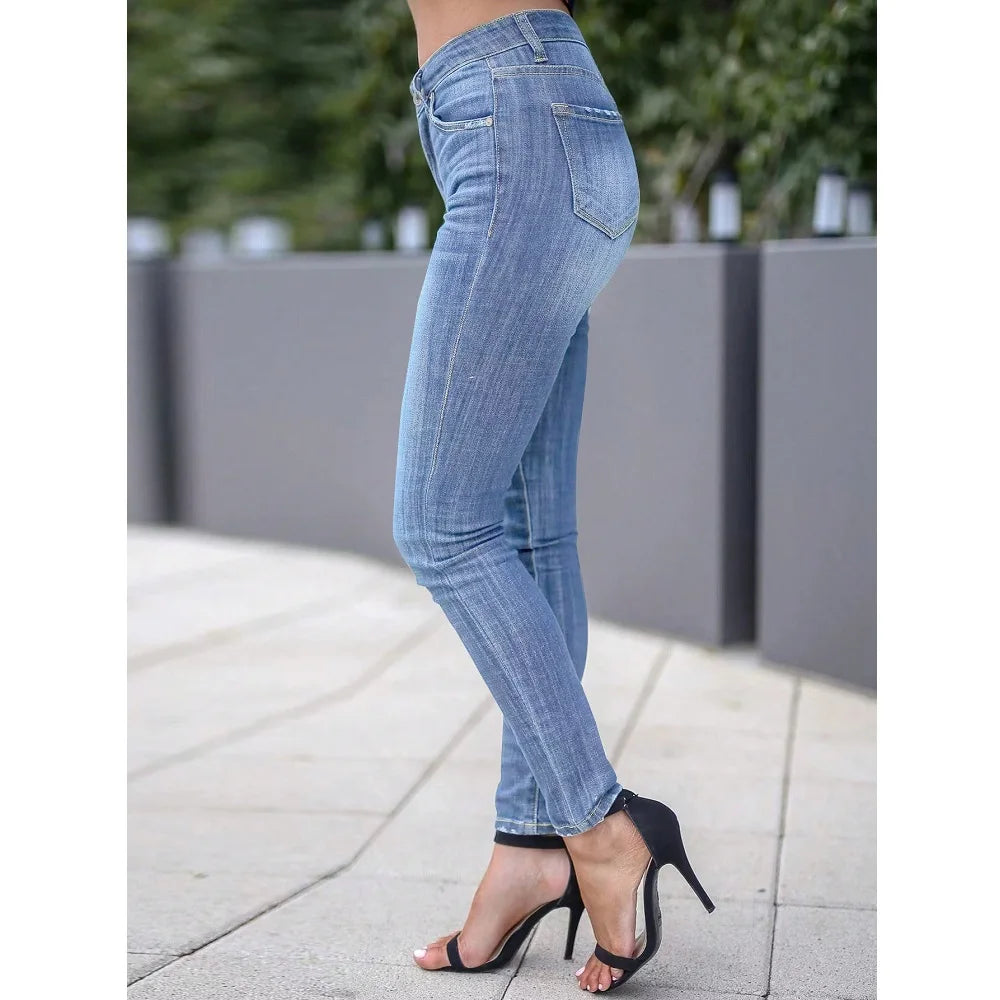 Women Newest Slim Stretch Jeans Solid Color Skinny Pencil Pants Ladies Full Length Denim Jeans