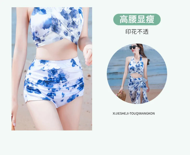 Bikini Sets Women Halter Floral Printed Three Pieces Split Swimsuit Korean Fashion Elegant Beach Style Slim Sexy Hot Girls Soft