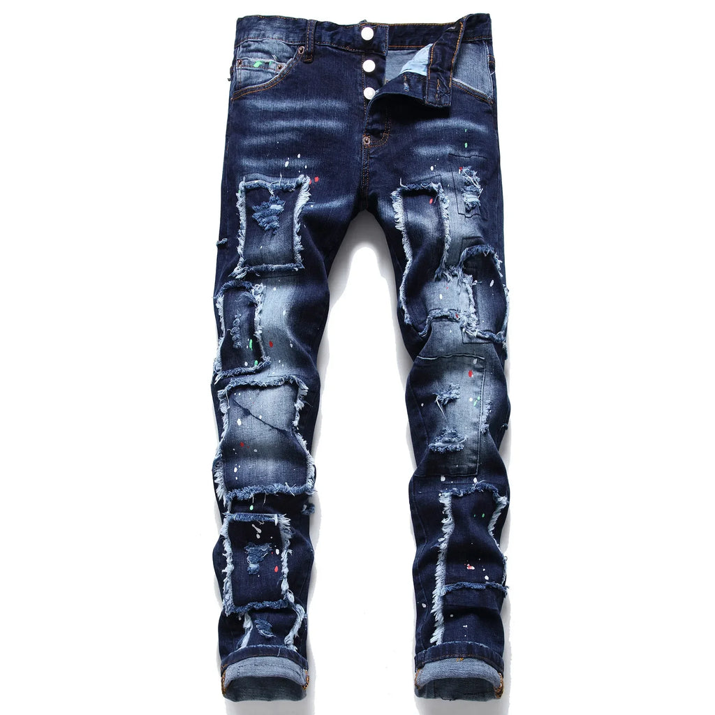 Men Ripped Skinny Denim Jeans Blue Holes Jeans Italian Style Stretch Denim Pants High Quality Male Slim Fit Denim Trousers  38