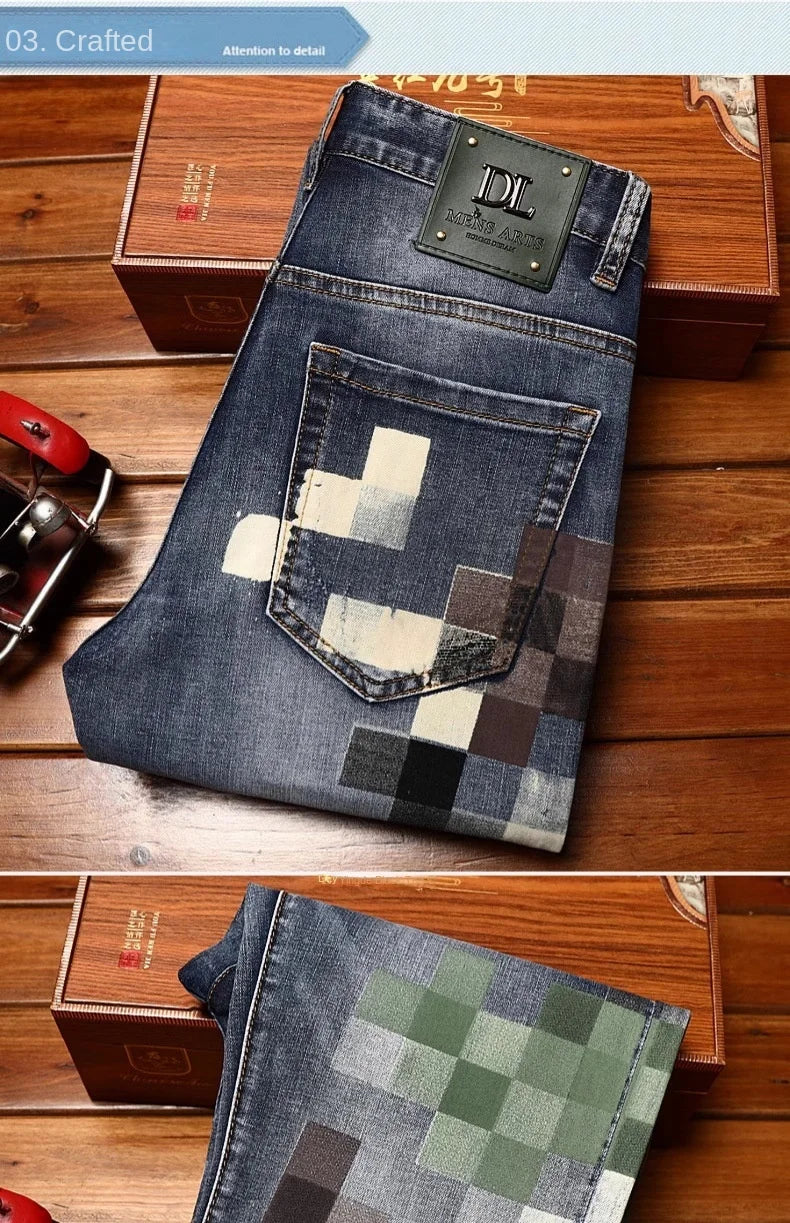 Trendy design mosaic printed jeans for men's fashionable summer thin casual and handsome elastic denim slim fit small leg pants