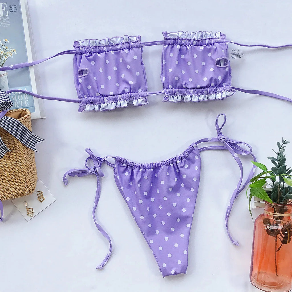 Sexy Bikini 2025 Pleated Bandeau Swimsuit Female Swimwear Women Mini Thong Bikini Set Bather Swimming Beachwear for Bathing Suit