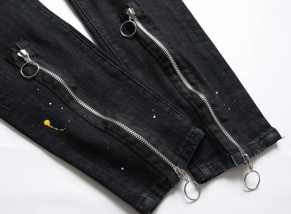 Men Black Ripped Denim Jeans Italian High Street Style Holes Jeans Denim Pants High Quality Male Slim Fit Denim Trousers Size 38