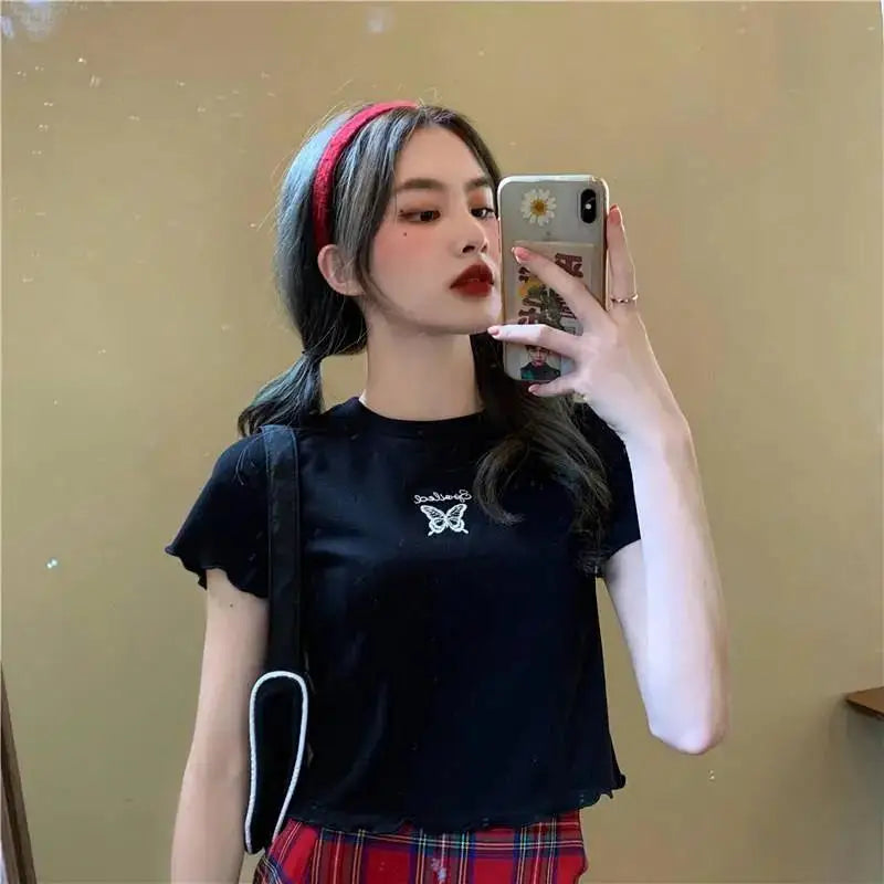 Y2K Crop Top T-shirt Women O-neck High Waist Slim Crop Top Butterfly Embroidered Short-Sleeved Tee Shirt T-shirts  Woman Clothes