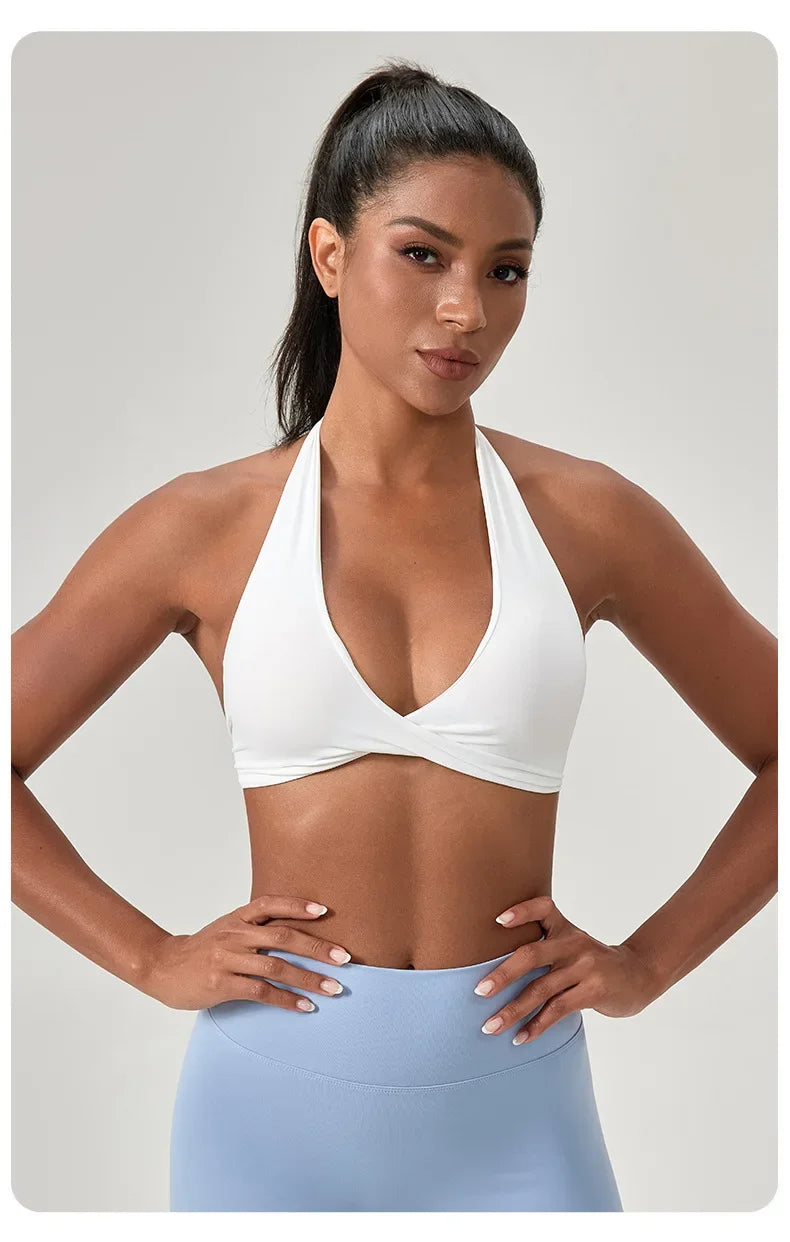 Strappy Bra for Women Open Back Halter Sports Bra Light Support Gym Crop Top Seamless Workout Yoga Top Bra Padded Bras