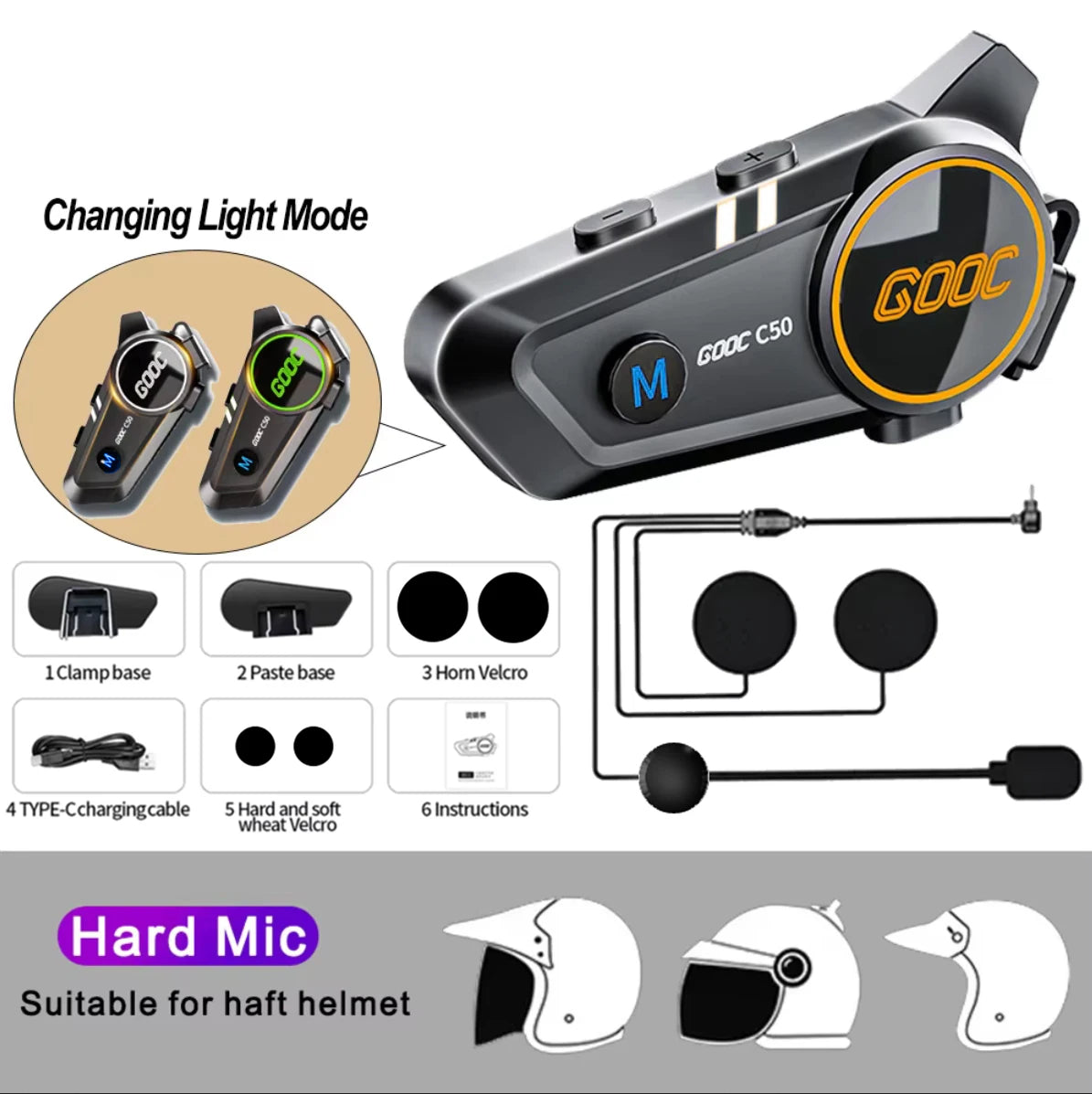 3D Surround Heavy Bass Motorcycle Helmet Headset Stereo Bluetooth Hands Free Call IPX7 Waterproof With Tri-Color Ambient Light