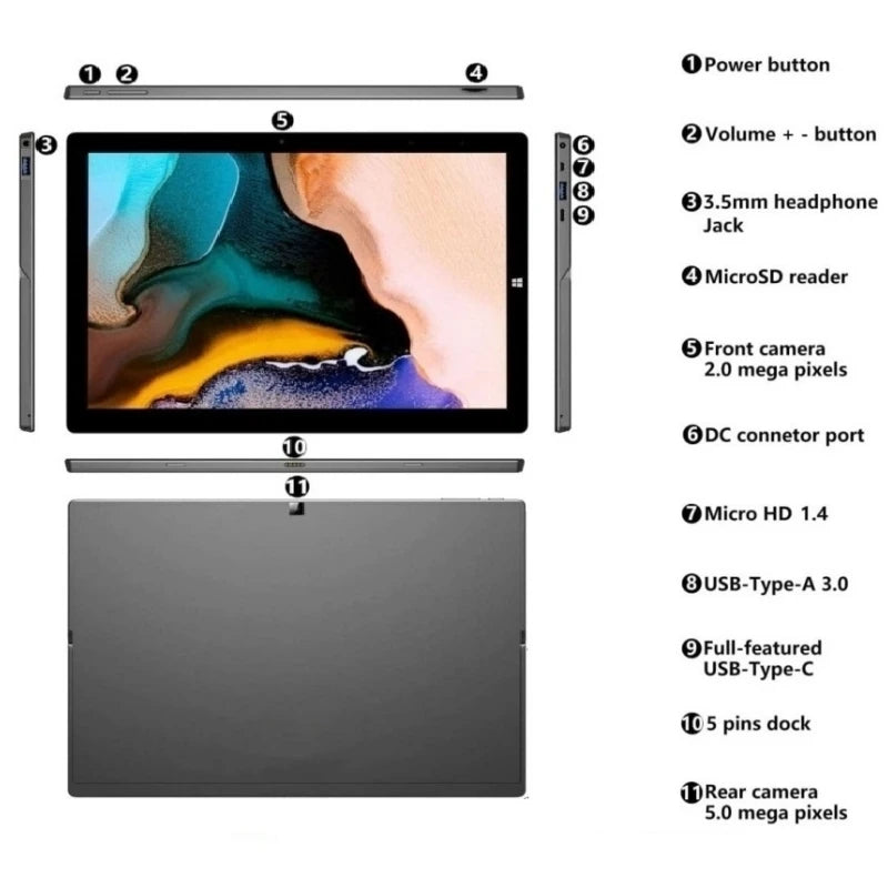 PAD1162 Tablet 11.6" Windows 11 Intel Celeron N4100 64-Bits LPDDR3 8GB/16GB RAM 512GB SSD ROM 1920 x 1080 Pixel Screen HD-MI