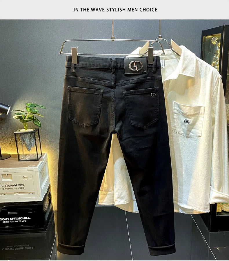 Men's Black Jeans Slim-Fitting Small Straight 2024 New Fall Men's Clothing High-End Denim Casual Long Skinny Pants