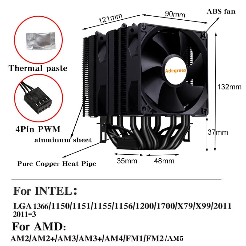 CPU Air Cooler 4PIN PWM 6 Heat Pipe PC Processor Radiator for LGA1700 1200 1150 1151 1155 1156 2011 X99 AMD AM4 AM5 Ventilador
