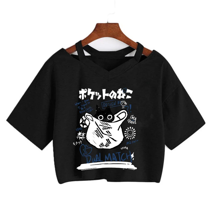 Y2k Crop Top Funny Cute Cat T Shirt Women Shirt Cropped Harajuku Graphic Ulzzang T-shirt 90s Tshirt Top Tee Female Gothic