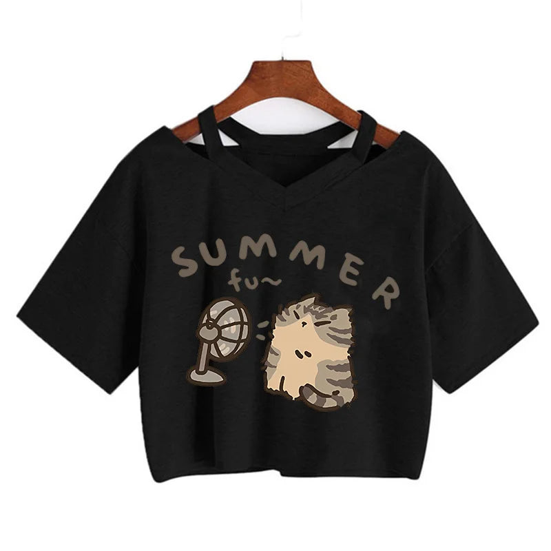 Y2k Crop Top Funny Cute Cat T Shirt Women Shirt Cropped Harajuku Graphic Ulzzang T-shirt 90s Tshirt Top Tee Female Gothic