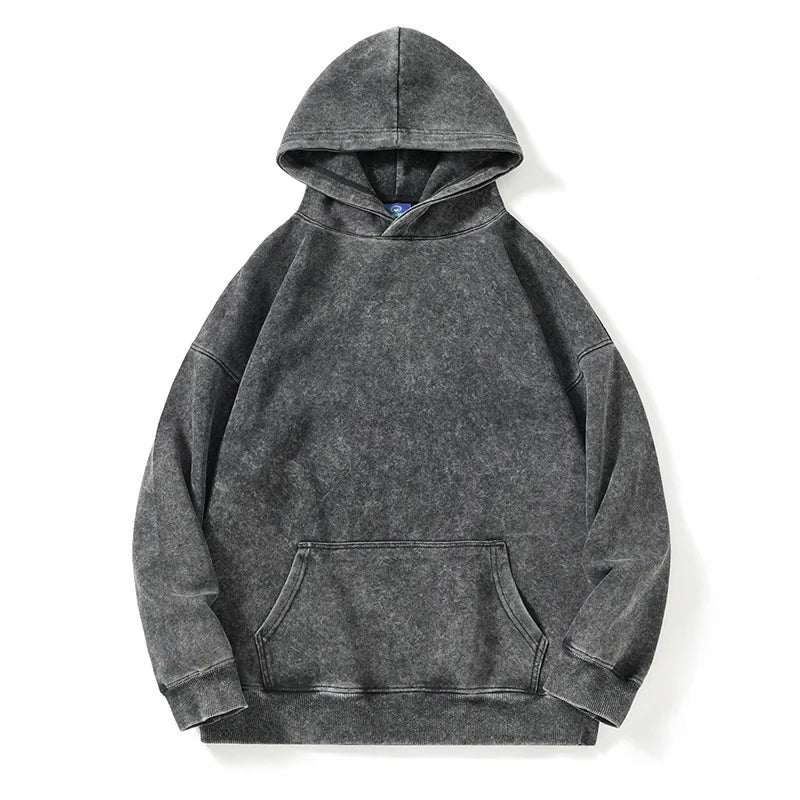 New Washed Retro Distressed Pure Cotton Hoodie for Men and Women, Solid Color Pullover, Fashionable Casual Hooded Sweatshirt