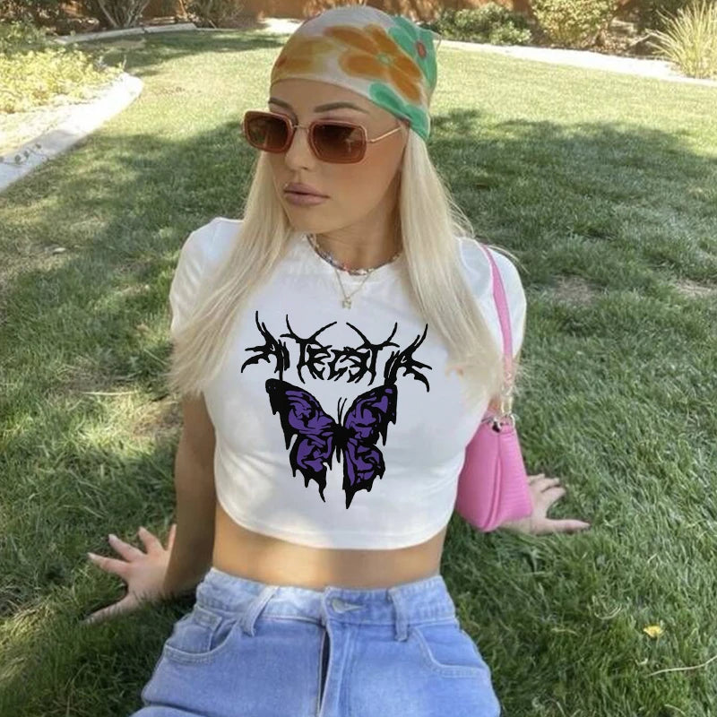 Y2k Crop Top Tshirt Streetwear Vintage Goth Graphic T Shirt Women Short Sleeve T-shirt Clothes Vintage Tops Harajuku Tshirt
