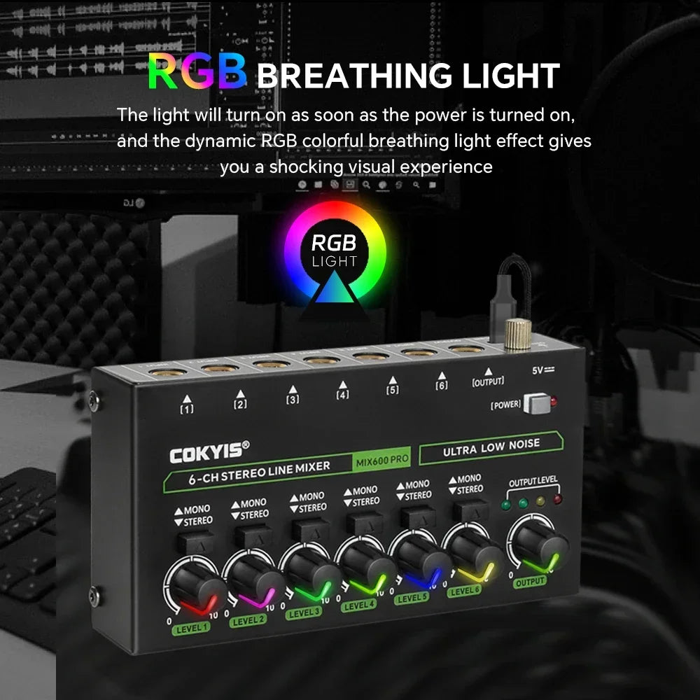 DC 5V 4/6/8 Channel Mini Sound Mixer Ultra Low Noise Line Mixer Power Supply Easy Operation Audios Mixer with RGB Lighting