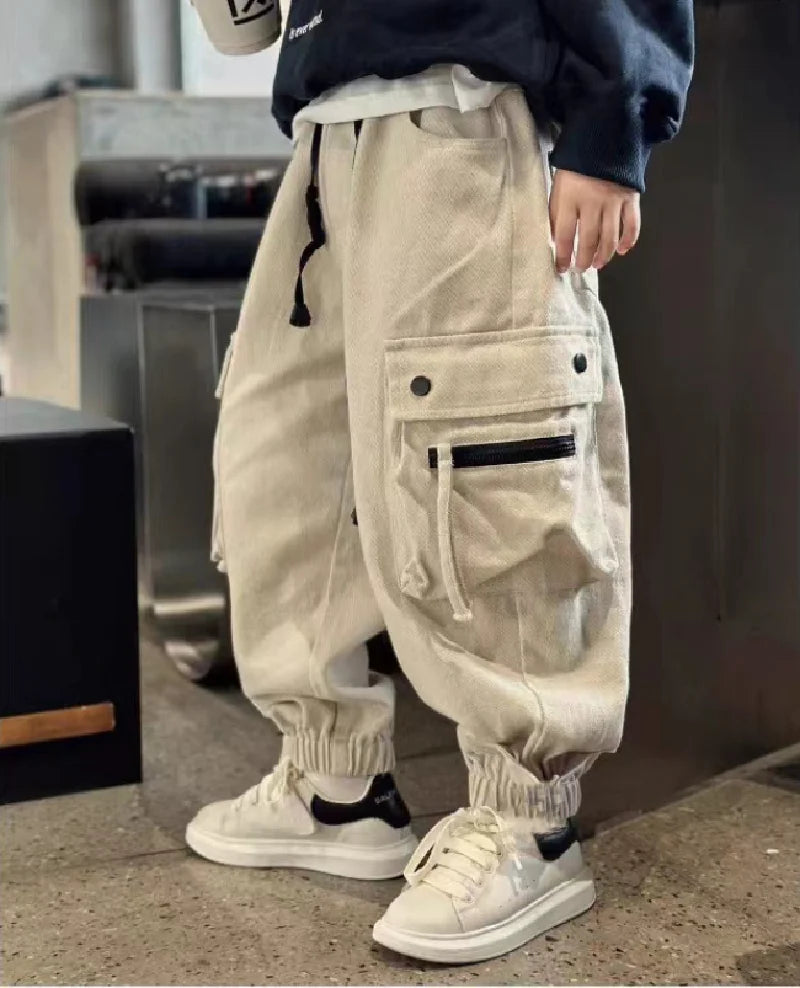 Boys Casual Cargo Pants Spring Autumn Big Kids Sport Long Pants Teenage Streetwear Baggy Trousers Children Fashion Joggers Pants