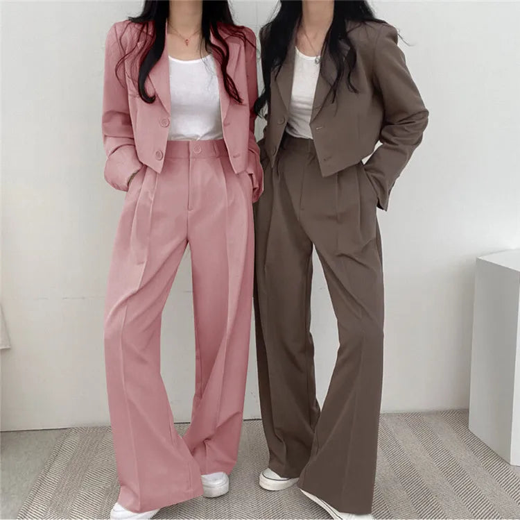 Suit Coat 2 Piece Set Women Blazer Jacket Straight Pants Ensemble Single Breasted Turn Down Collar Trousers Office Lady Outfits
