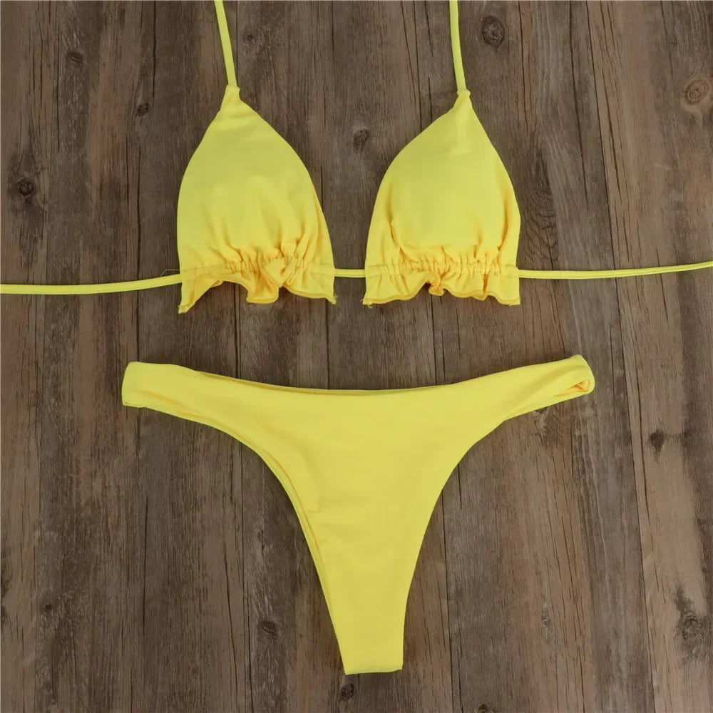 Summer Brazilian Bikini Set Women Sexy Bandage Top Thong Bottom 2 Pieces Set Push-up Swimwear Lace Up Swimsuit Beachwear