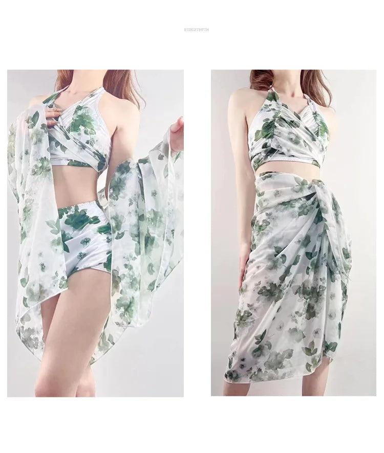 Bikini Sets Women Halter Floral Printed Three Pieces Split Swimsuit Korean Fashion Elegant Beach Style Slim Sexy Hot Girls Soft