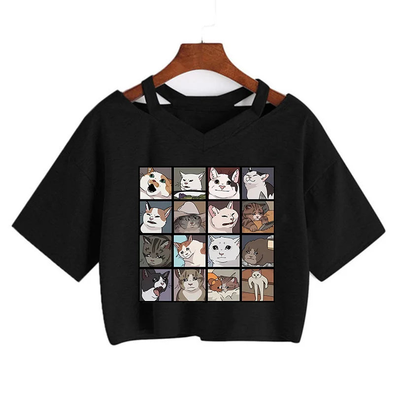 Y2k Crop Top Funny Cute Cat T Shirt Women Shirt Cropped Harajuku Graphic Ulzzang T-shirt 90s Tshirt Top Tee Female Gothic