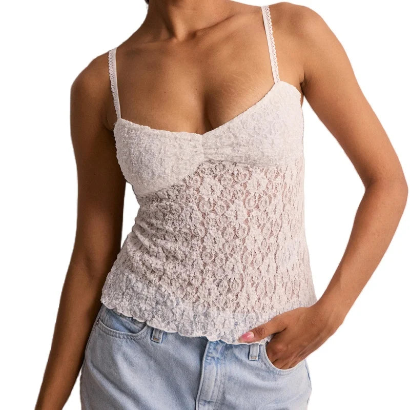 Xingqing Lace Crop Tops y2k Clothes Women Summer Sheer See Through Spaghetti Strap Sleeveless Camisole 2000s Clothing Streetwear