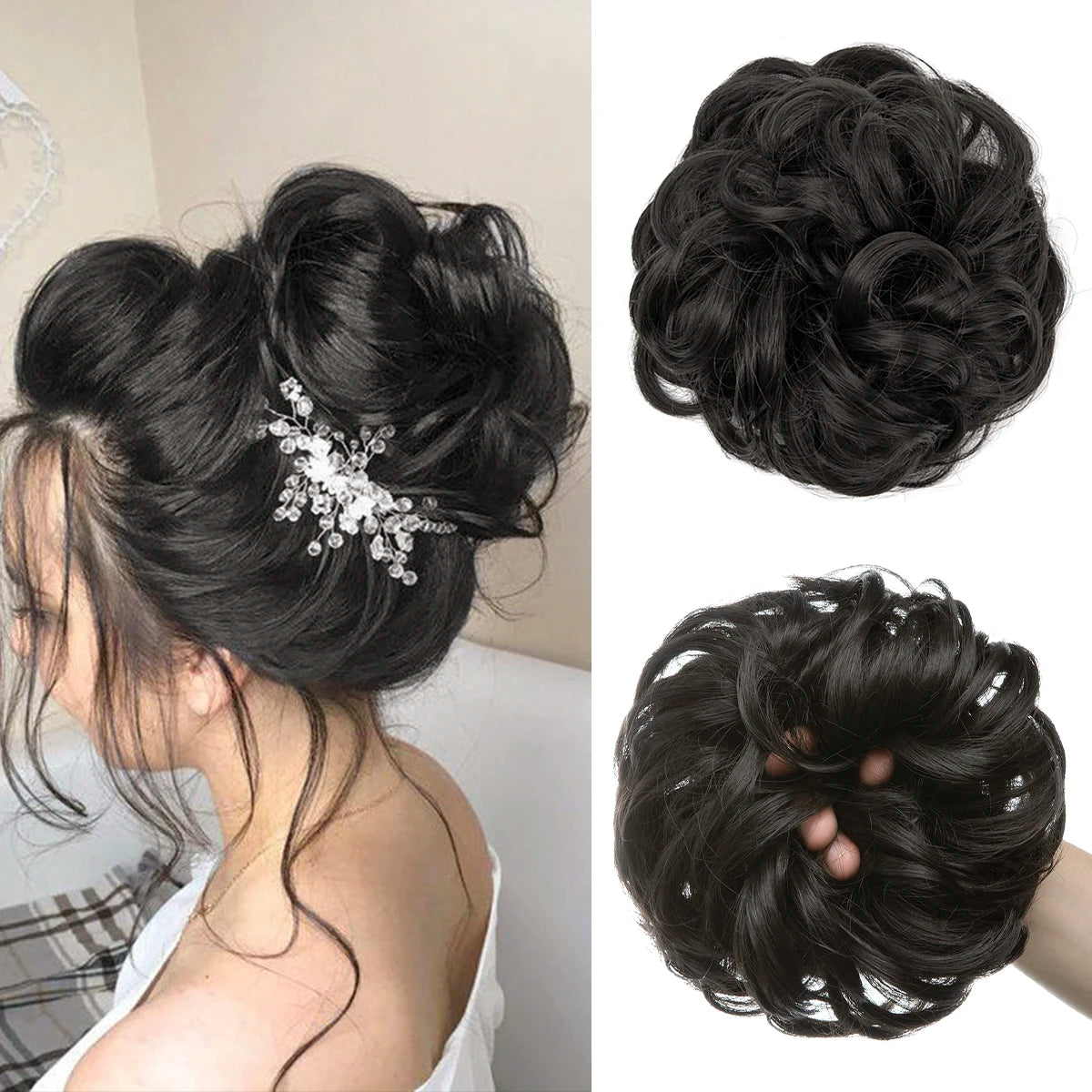 Synthetic Messy Updo Chignon Premium Big Curly Elastic Hair Scrunchies Hairpieces Donut Updo Blonde Brown Hair Pieces For Women