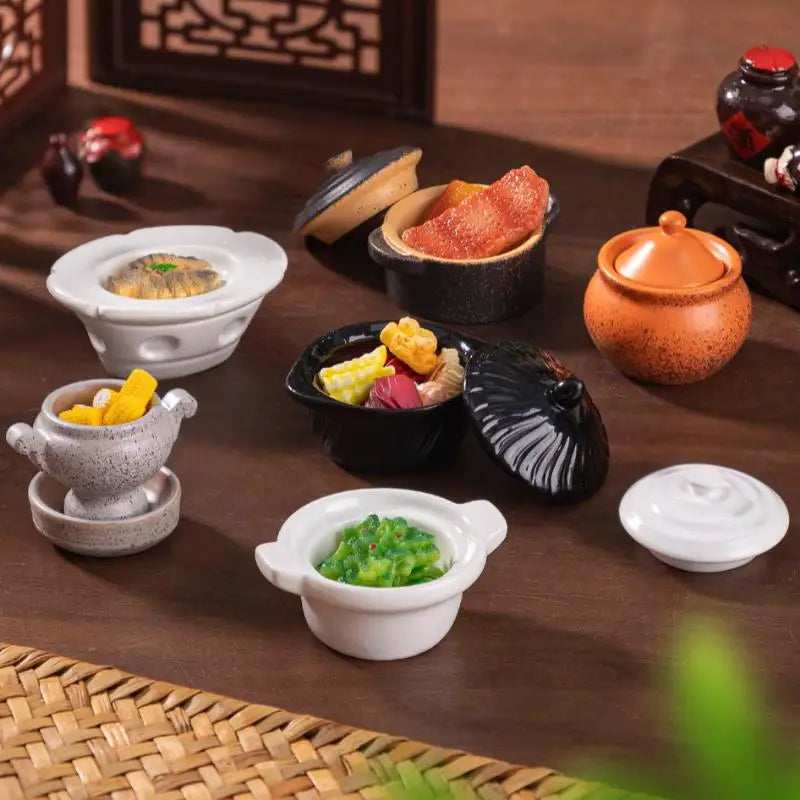 DIY Miniature Dollhouse Kitchen Decoration Accessories; Mini Clay Pot, Plate and Food Model