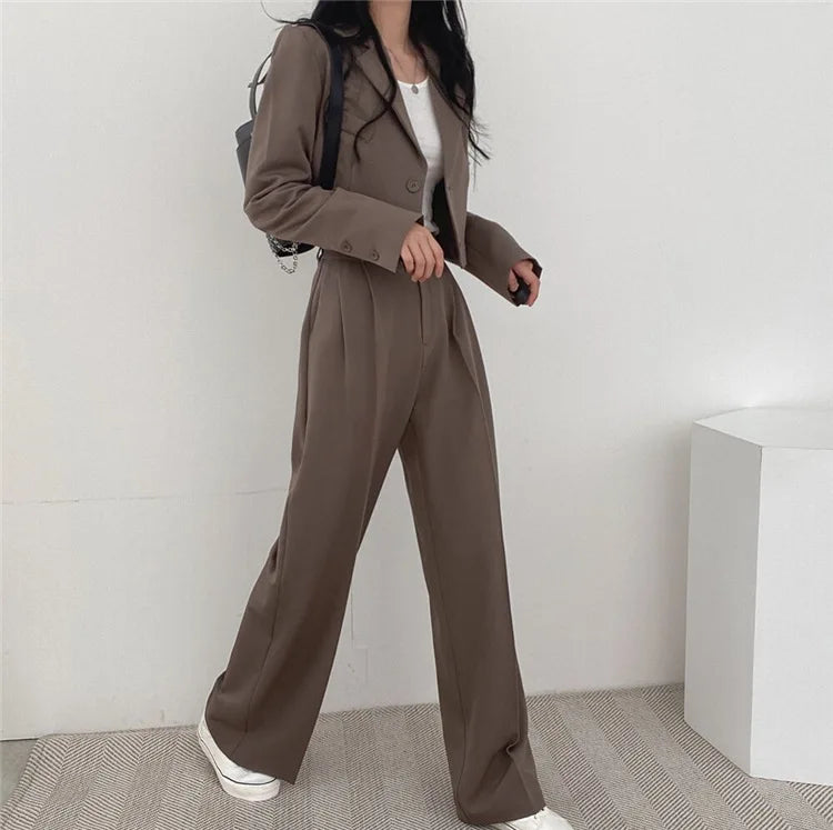 Suit Coat 2 Piece Set Women Blazer Jacket Straight Pants Ensemble Single Breasted Turn Down Collar Trousers Office Lady Outfits