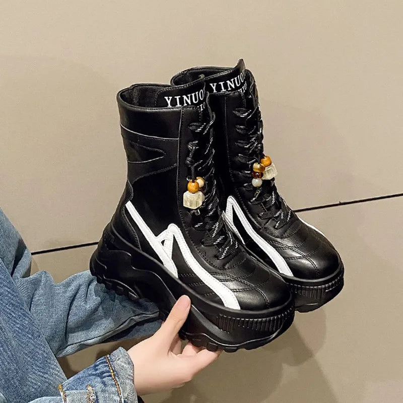 NEW Luxury Chunky Platform White Motorcycle Boots Women Lace Up Thick Bottom Ankle Boots Woman Autumn Fashion Vulcanized Shoes