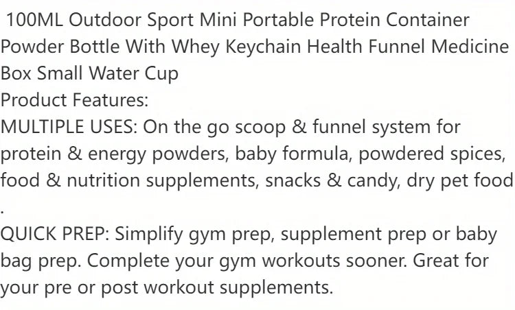 1pc 100ML Outdoor Sport Mini Portable Protein Container Powder Bottle with Whey Keychain Health Funnel Medicine Box