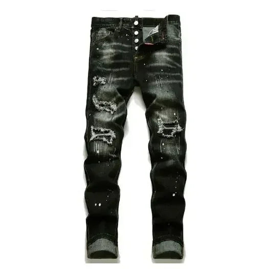Men Black Ripped Denim Jeans Italian High Street Style Holes Jeans Denim Pants High Quality Male Slim Fit Denim Trousers Size 38